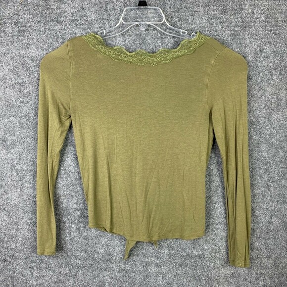 Moral Fiber Lace Neckline Tie Waist Knit Top Women Medium Olive Green Rayon - Picture 4 of 6